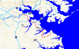 A map of the Baltimore area showing major roads. Maryland Route 173 connects Fort Smallwood Park in Anne Arundel County with the Brooklyn neighborhood of Baltimore.