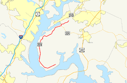 A map of Charles County, Maryland showing major roads. Maryland Route 224 runs mostly along the Potomac River from Riverside to Pomonkey.