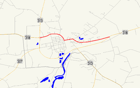 A map of Federalsburg, Maryland showing major roads. Maryland Route 318 runs through downtown Federalsburg.