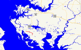 A map of Dorchester County, Maryland showing major roads. Maryland Route 336 runs from Crossroads to Lakesville.