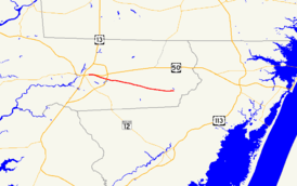 A map of eastern Wicomico County, Maryland showing major roads. Maryland Route 350 runs from Salisbury east to Powellville.