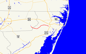 A map of the northeastern lower Eastern Shore showing major roads. Maryland Route 374 runs from Powellville to Berlin.