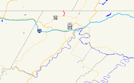 A map of western Allegany County, Maryland showing major roads. Maryland Route 47 connects MD 36 with PA 160 around Barrelville.