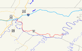 A map of eastern Allegany County, Maryland showing major roads. Maryland Route 51 connects Cumberland and Paw Paw, WV.