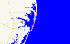 A map of northeastern Worcester County showing major roads. Maryland Route 528 runs from the southern end of Ocean City north to the Delaware state line.