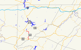 A map of far western Maryland showing major roads. Maryland Route 560 connects US 50 with MD 135 in southern Garrett County.