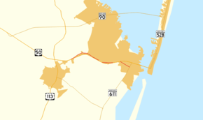 A map of northeastern Worcester County showing major roads. Maryland Route 707 runs is the old alignment of US 50 between Berlin and Ocean City.