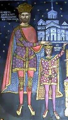 A bearded man and a boy (both wearing a crown) hold a church on their hands