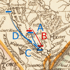 Caswell moves south from Corbett's ferry to Moore's Creek. Lillington and Ashe move south-southeast from Cross Creek to Moore's Creek along the Cape Fear River. Moore follows Lillington and Ashe, but does not reach Moore's Creek.