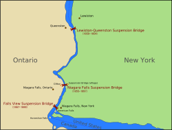 A river cuts the land into New York (east) and Ontario (west). Three bridges spans the river at different points.