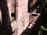 View of a ruined building with trees growing through and floors missing.