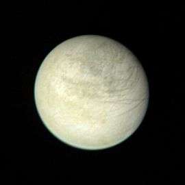 Europa as seen from Voyager 1 at a distance of 2.8&nbsp;million km