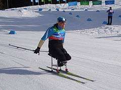 A woman sitting on sit-skis, she is pushing herself with two poles
