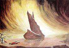 Stage setting. In the rear centre of the picture, against the background of a stormy sky, is a series of rocks forming the shape of a sailing ship. Left foreground, a sleeping figure is visible on the ground.