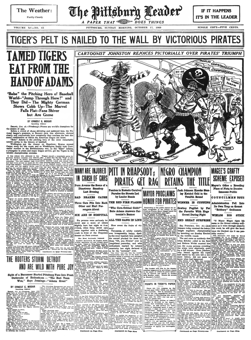 Father Pitt celebrating 1909 World Series win, drawn by Fred Johnston of the Leader.