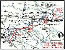 A map showing the Santa Ana River, a few of its tributaries, county boundaries, and a floodplain boundary