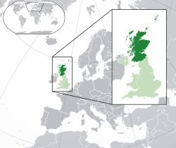 Location of Scotland (dark green)– in Europe (green & dark grey)– in the United Kingdom (green)