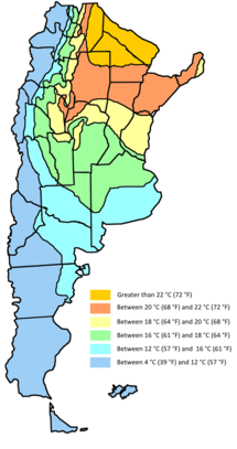 Map showing mean temperatures in Argentina. Mean annual temperatures range from more than 22&nbsp;°C (71.6&nbsp;°F) in the center north to between 4&nbsp;°C (39.2&nbsp;°F) in the south and extreme western parts of the country. Temperatures generally decrease southwards and westwards owing to a higher latitude and altitude.
