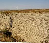  This photo shows another canyon cut into the surrounding flat soil with about 30 distinct horizontal layers of sediment, each clearly demarked from the layer below. Above the canyon a telephone pole can be seen in the distance – the pole provides the perspective that helps the viewer establish that the cut is 30–40&nbsp;ft (9.1–12.2&nbsp;m) deep. In the foreground one observes the near edge of the canyon, which help one establish that the canyon is quite narrow and steep walled.