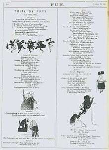 A page from a magazine with a short libretto in two columns, illustrated by quaint cartoons, which include a frieze of dancing lawyers and bailiffs.