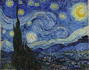 A landscape in which the starry night sky takes up two thirds of the picture. In the left foreground a dark pointed cypress tree extends from the bottom to the top of the picture. To the left, village houses and a church with a tall steeple are clustered at the foot of a mountain range. The sky is deep blue. In the upper right is a yellow crescent moon surrounded by a halo of light. There are many bright stars large and small, each surrounded by swirling halos. Across the centre of the sky the Milky Way is represented as a double swirling vortex.