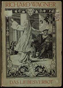 Picture of a vocal score, showing a woman in a white novice nun's outfit pointing at a bearded aristocratic man accusingly as he sits on a throne.
