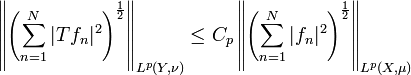\left\|\left(\sum_{n=1}^{N}|Tf_n|^{2} \right)^{\frac{1}{2}}\right\|_{L^p(Y,\nu)}\leq C_p\left\|\left(\sum_{n=1}^{N}|f_{n}|^{2}\right)^{\frac{1}{2}}\right\|_{L^p(X,\mu)}