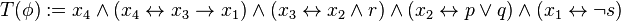 T(\phi) := x_4 \land (x_4 \leftrightarrow x_3 \to x_1) \land (x_3 \leftrightarrow x_2 \land r) \land (x_2 \leftrightarrow p \lor q) \land (x_1 \leftrightarrow \neg s)
