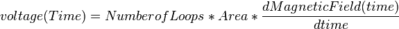 voltage(Time) = Number of Loops * Area * \frac{d Magnetic Field(time)}{dtime}