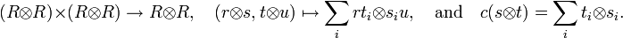 (R\otimes R)\times (R\otimes R)\to R\otimes R,\quad (r\otimes s,t\otimes u) \mapsto \sum _i rt_i\otimes s_i u, \quad \text{and}\quad c(s\otimes t)=\sum _i t_i\otimes s_i.