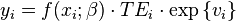 y_i = f(x_i ;\beta ) \cdot TE_i \cdot \exp \left\{ {v_i } \right\}