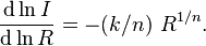 \frac{\mathrm{d} \ln I}{\mathrm{d} \ln R} = -(k/n)\ R^{1/n} .