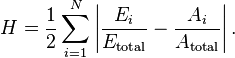 H = {\frac{1}{2}} \sum_{i=1}^N \left| {\frac{{E}_i}{{E}_\text{total}}} - {\frac{{A}_i}{{A}_\text{total}}} \right|.