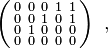 \left( \begin{smallmatrix} 0\\ 0\\ 0 \\ 0 \end{smallmatrix}
\begin{smallmatrix} 0\\ 0\\ 1 \\ 0 \end{smallmatrix}
\begin{smallmatrix} 0\\ 1\\ 0 \\ 0 \end{smallmatrix}
\begin{smallmatrix}1 \\ 0 \\ 0 \\ 0 \end{smallmatrix}
\begin{smallmatrix} 1 \\ 1\\ 0 \\ 0 \end{smallmatrix}
\right) \ ,