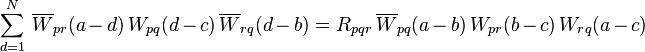 \sum^{N}_{d=1}\,{\overline W}_{pr}(a-d)\,W_{pq}(d-c)\,{\overline W}_{rq}(d-b)
=R_{pqr}\,\overline W_{pq}(a-b)\,{ W}_{pr}(b-c)\,W_{rq}(a-c)