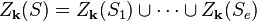 Z_{\mathbf{k}}(S) = Z_{\mathbf{k}}(S_1) \cup \cdots \cup Z_{\mathbf{k}}(S_e)