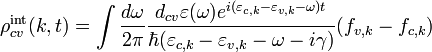 \rho _{cv}^{{\mathop{\rm int}} } (k,t) = \int {\frac{{d\omega }}{{2\pi }}\frac{{d_{cv} \varepsilon (\omega )e^{i(\varepsilon _{c,k} - \varepsilon _{v,k} - \omega )t} }}{{\hbar (\varepsilon _{c,k} - \varepsilon _{v,k} - \omega - i\gamma )}}(f_{v,k} - f_{c,k} )}