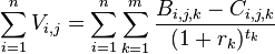 \sum_{i=1}^n V_{i,j} = \sum_{i=1}^n \sum_{k=1}^m \frac{B_{i,j,k}-C_{i,j,k}}{(1+r_k)^{t_k}}