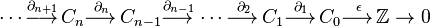 \dotsb\overset{\partial_{n+1}}{\longrightarrow\,}C_n
\overset{\partial_n}{\longrightarrow\,}C_{n-1}
\overset{\partial_{n-1}}{\longrightarrow\,}
\dotsb
\overset{\partial_2}{\longrightarrow\,}
C_1
\overset{\partial_1}{\longrightarrow\,}
C_0\overset{\epsilon}{\longrightarrow\,} \mathbb{Z} \to 0