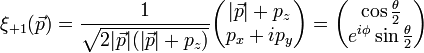\xi_{+1}(\vec{p})
= \frac{1}{\sqrt{2 |\vec{p}|(|\vec{p}| + p_z)}}
\begin{pmatrix}
|\vec{p}|+p_z\\
p_x+i p_y
\end{pmatrix}
=
\begin{pmatrix}
\cos{\frac{\theta}{2}}\\
e^{i\phi}\sin{\frac{\theta}{2}}
\end{pmatrix}\,