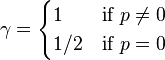 \gamma=
\begin{cases}
1 & \mbox{if }p\ne 0 \\
1/2 & \mbox{if }p=0
\end{cases}