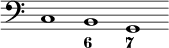 { \override Score.TimeSignature #'stencil = ##f \clef bass << { \cadenzaOn c1 b, g, } \figures { < _ >1 < 6 > < 7 > } >> }