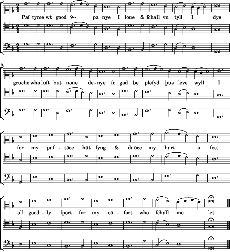 
  \version "2.10.33"
  \new ChoirStaff <<
    \new Staff {
      \set Score.tempoHideNote = ##t
      \tempo 1 = 125
      \time 2/1 \key g \dorian
      \clef "neomensural-c2"
     &nbsp;%% \override NoteHead #'style = #'petrucci
      bes'1. bes'2 bes'1. bes'2  a'2. (bes'4 a'2) g'2 f'1. 
      f'2 bes'1. bes'2 a'1. g'2 f' (g') f'4 (e' f'2) g'\breve \break
      bes'1. bes'2 bes'1. bes'2  a'2. (bes'4 a'2) g'2 f'1.
      f'2 bes'1. bes'2 a'2. (bes'4 a'2)  g'2 f' (g') f'4 (e' f'2) g'1. \bar "" \break
      f'2 g'1 a' bes'1.    f'2 g'1 a' bes'1.   bes'2 c''2. (bes'4 a'2) g' f'1. \bar "" \break
      f'2 g'1 a' bes'1.  bes'2 g'1 a' bes'1.   bes'2 a' (g') f'4 (g' a' f')   
      g'\breve\fermata      \bar "|."
    }&nbsp;%% /new Staff
    \addlyrics { 
      Paſ -- tyme wt good Ꝯ-- pa -- nye 
      I loue "&" ſchall vn -- tyll I dye 
      gruche who luſt but none de -- nye
      ſo god be pleſyd þus leve wyll I
      for my paſ -- tāce 
      hūt ſyng "&" daūce
      my hart is ſett
      all good -- ly ſport
      for my cō -- fort
      who ſchall me let
    }&nbsp;%% /addlyrics
    \new Staff {
      \time 2/1 \key g \dorian
      \clef "neomensural-c4"
      d'1. d'2 d'1. d'2 c'2. (d'4 c'2) bes2 a1. a2 d'1. d'2 c'1. bes2 a2 (bes2) a1 g\breve
      d'1. d'2 d'1. d'2 c'2. (d'4 c'2) bes2 a1. a2 d'1. d'2 c'1. bes2 a2 (bes2)
      a1 g1. g2 bes1 c'1 d'1. d'2 bes1 c'1 d'1. d'2 c'2. (d'4 c'2) bes2
      a1. f2 bes1 c'1 d'1. d'2 bes1 c'1 d'1. d'2 c'2 (bes2) a1 g\breve\fermata \bar "|."
    }&nbsp;%% /new Staff
    \new Staff {
      \time 2/1 \key g \dorian
      \clef bass
      g1. g2 g1. d2 f1. g2 d1. d2 bes,1. bes,2 f1. g2 d2 (e2) d1 g,\breve
      g1. g2 g1. d2 f1. g2 d1. d2 bes,1. bes,2 f1. g2 d2 (e2)
      d1 g,1. g,2 e1 c1 bes,1. bes,2 e1 c1 bes,1. bes,2 f1.
      g2 d1. d2 e1 c1 bes,1. bes,2 e1 c1 bes,1. g2 c2 (e2) d1 g,\breve\fermata \bar "|."
    }&nbsp;%% /new Staff
  >>&nbsp;%% /new ChoirStaff

